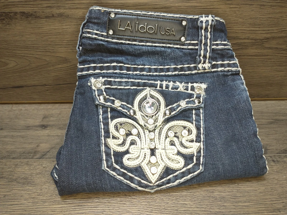 LA Idol USA Ladies Size 3 Blue Embellished Stretch Capri Jeans
