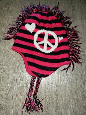 girl CHILDRENS PLACE pink black stripe WINTER HAT braids PEACE SIGN MOHAWK  10-14