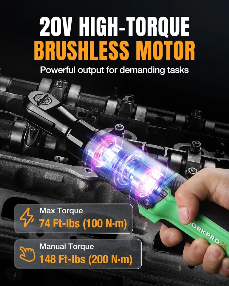 WORKPROX 20V 3/8" Kit de llaves de trinquete eléctricas inalámbricas 74 ft-lbs 250 rpm 2 baterías Foto 3 de 4