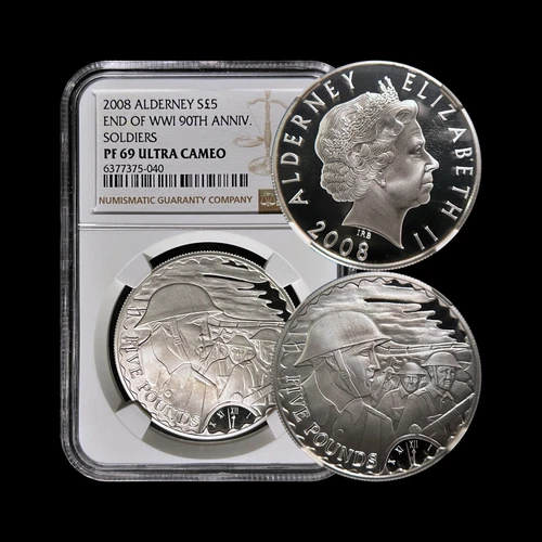 ALDERNEY. 2008, 5 Pounds, Silver - NGC PF69 - Top Pop 🥇 WWI Over the Top Trench