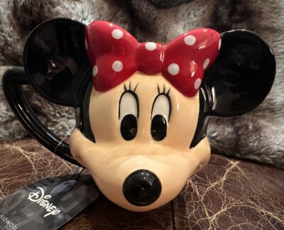 Disney Minnie Mouse Coffee Mug 3D Face w/ Red Hair Bow Black Ceramic Cup NEW LTD
