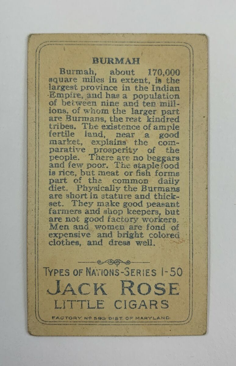 1911 T113 Types of Nations Burmah Jack Rose Back 124E | eBay 1911 T113 Types of Nations Burmah Jack Rose Back 124E | eBay