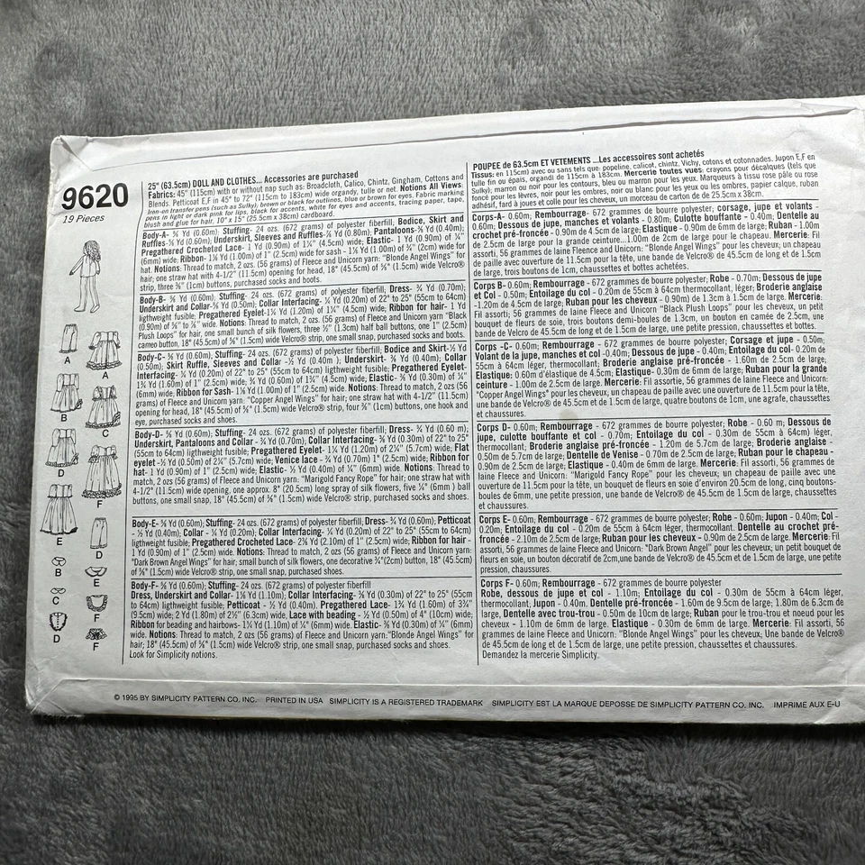 Simplicity Crafts Sewing Pattern 9620 25 Inch Doll And Clothes Dress Set 1995 - Image 3 of 4