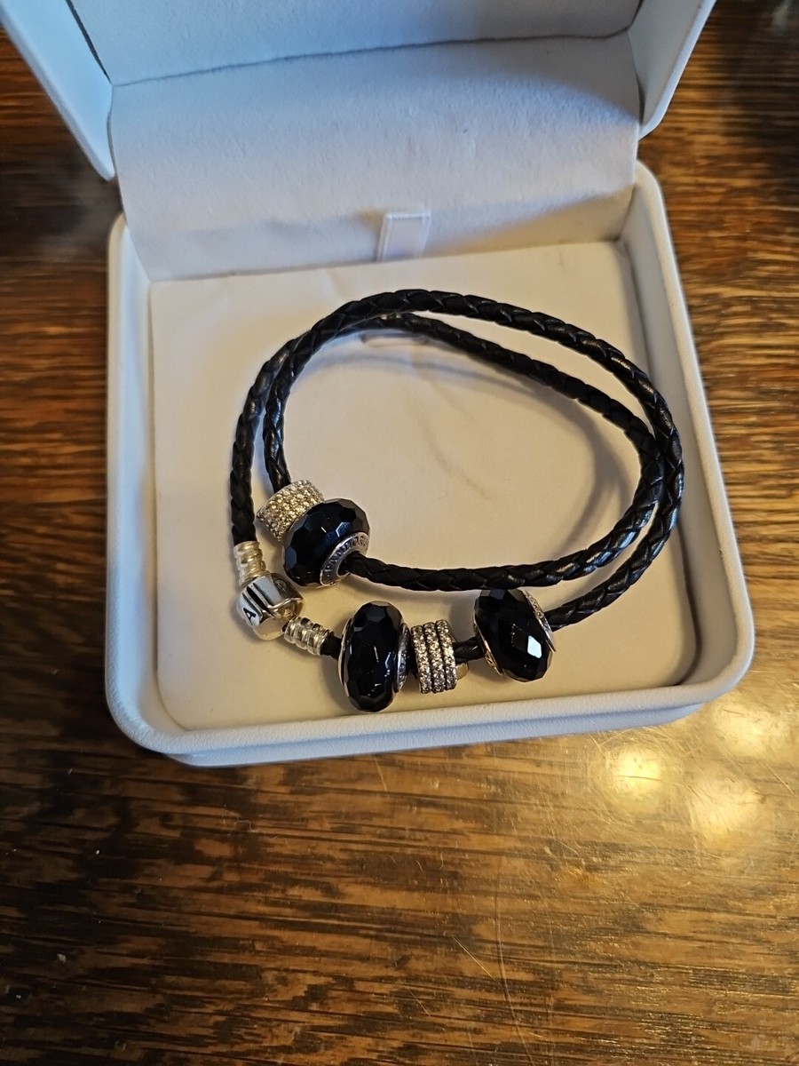 Authentic PANDORA Black Leather CZ 🐍 Charm Bracelet Double Wrap
