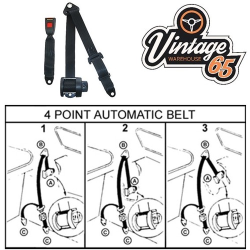 Trasero Automático Inercia Vuelta Y Diagonal Asiento Cinturón Kit 4 Punto Negro - Imagen 2 de 2