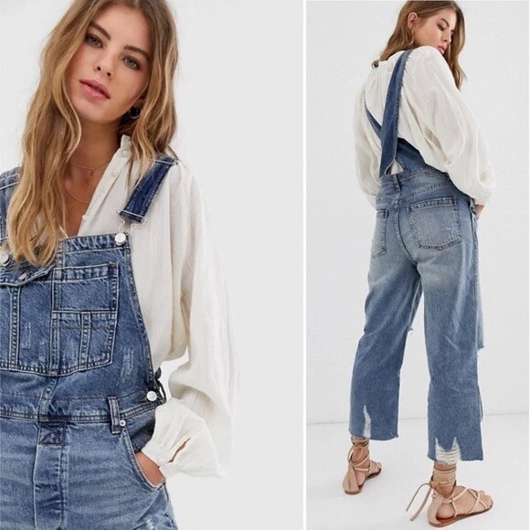 NWT 128 We the Free by Free People Baggy Boyfriend Overalls in Duchess Blue 25