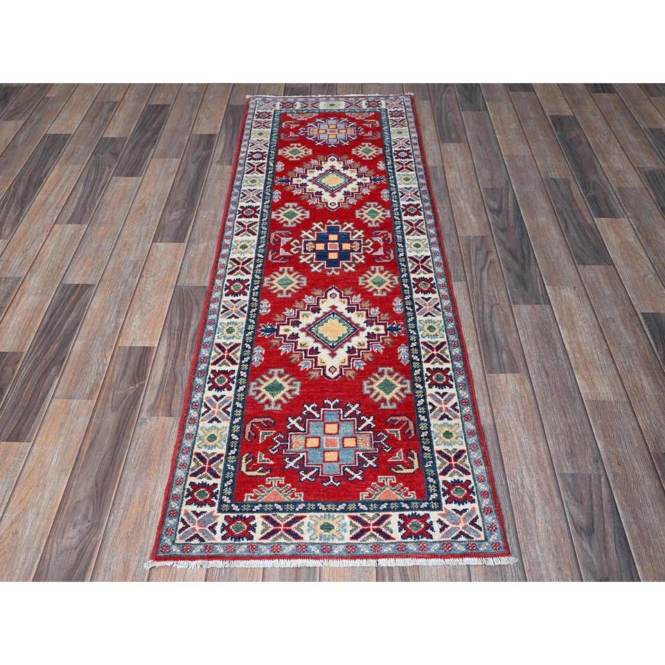 2'x5'9" Red Kazak with Medallions Design Hand Knotted Soft Wool Runner Rug R506 - Image 2 of 4
