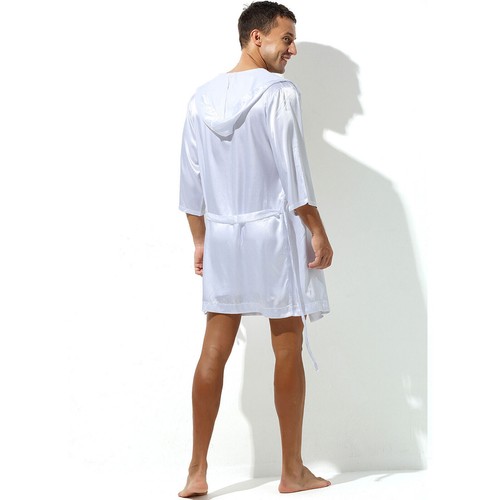 Men Satin Silk Robe Short Sleeve Hooded Kimono Luxury Bathrobe Lounge Sleepwear - Picture 12 of 34