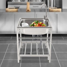 Commercial Single Bowl Stainless Steel Hand Wash Sink Basin Freestanding &Faucet