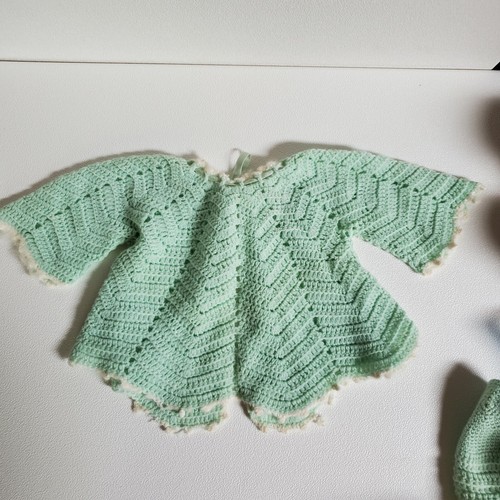 Vintage Baby Infant Crochet Sweater & Bonnet Mint w/ White Angora Trim Early 50s - Picture 4 of 12