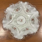 Vintage FENTON Bonbon Bowl Milk Glass Ruffled Edge Handpainted Roses Gold Emboss