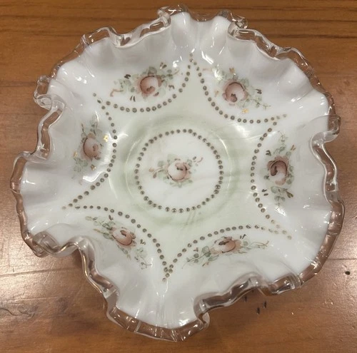 Vintage FENTON Bonbon Bowl Milk Glass Ruffled Edge Handpainted Roses Gold Emboss