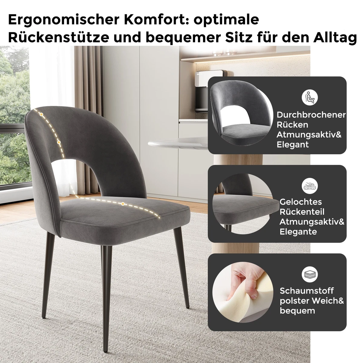Esszimmerstuhl 4set Esszimmer Stuhl Küchenstuhl Samt Gepolsterter Sitz bis 150kg