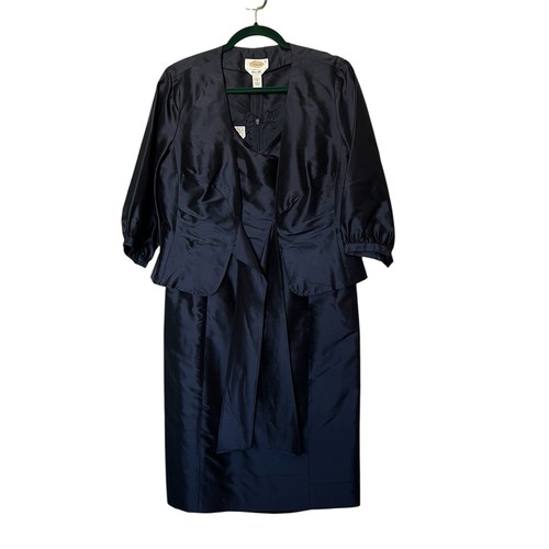 Talbots Pure Silk Dress Suit Womens 8 Blue Satin Two Piece Set Jacket Formal - Picture 1 of 16
