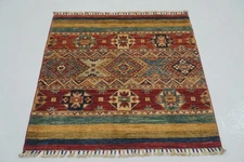 3x3 ft Red Khorjin Afghan Hand Knotted Wool Tribal Small Square Rug