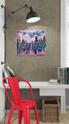 ⚠️Orig. Aboudi – urbane Spiegelung Violett, Modern Acryl Malerei 60x50,Abstrakt - Bild 4 von 12