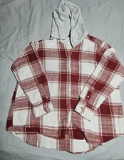 Time and Tru Women’s XL Red Plaid Button Up Hooded Flannel Shirt Casual Layering