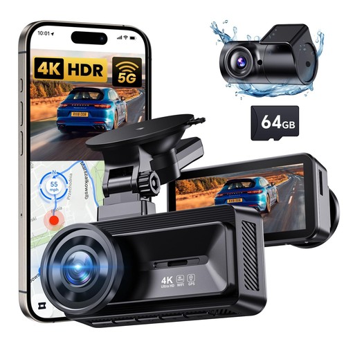 Dash Cam Front Rear: 4K+1080P Full HD Dashcam Free 64GB Card, with 5G WiFi GP...