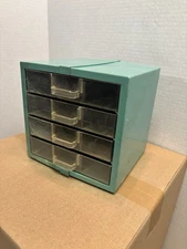 Vintage Blue Plastic Small 4 Drawer Storage Box-Shelf Sitter 6”x7”x7”