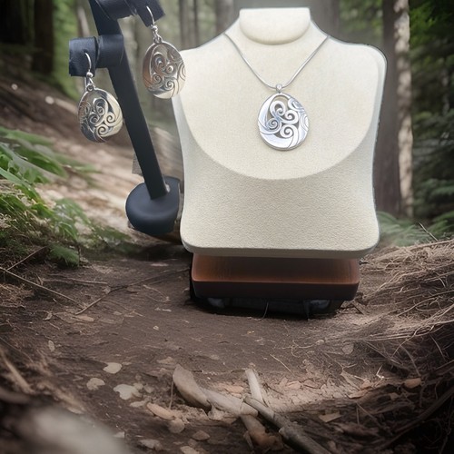 Brighton Signed Silver Tone Scroll Oval Pendant Necklace & Dangle Earrings Set