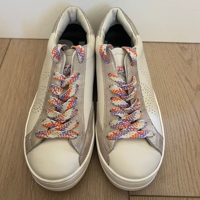 P448 John White Leather Low Top Sneakers Silver Glitter Multi Laces Wmn 39. NWOB
