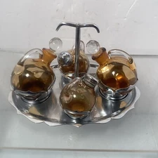 Farber Bros Krome Kraft Amber Glass Salt Pepper Oil Vinegar Tray Pat. Date 1932
