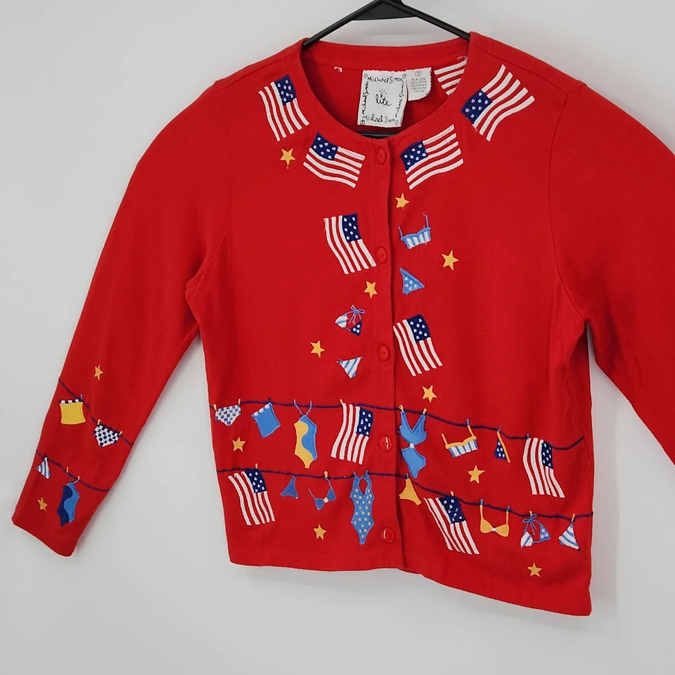 Michael Simon Lite Rojo Bandera de Estados Unidos Trajes de Baño Cárdigan Mujer Pequeño  Foto 2 de 4