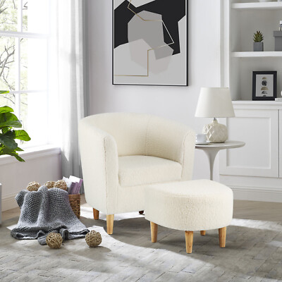 Sherpa Accent Chair With Ottoman Teddy Velvet Upholstered Barrel Armchair Sofa