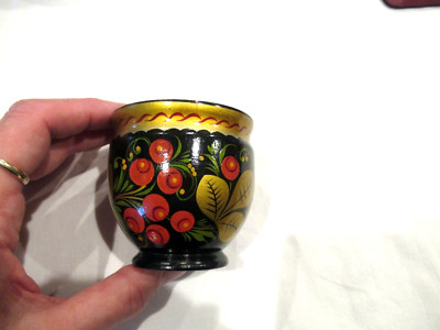Russian black lacquer cup with cherries and blossoms