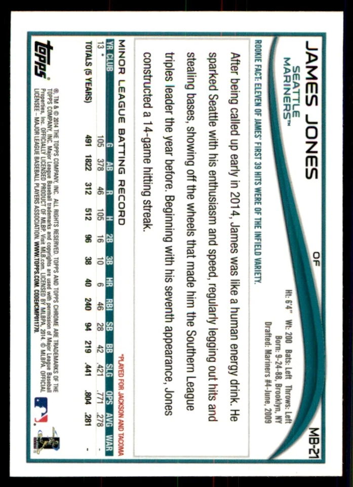 2014 Topps Chrome Update James Jones Seattle Mariners #MB-21 - Image 2 of 2