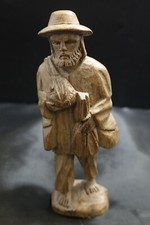Vintage Hand-Carved Bearded Man w Hat Wooden Carving Folk Art Statue 6" Figure