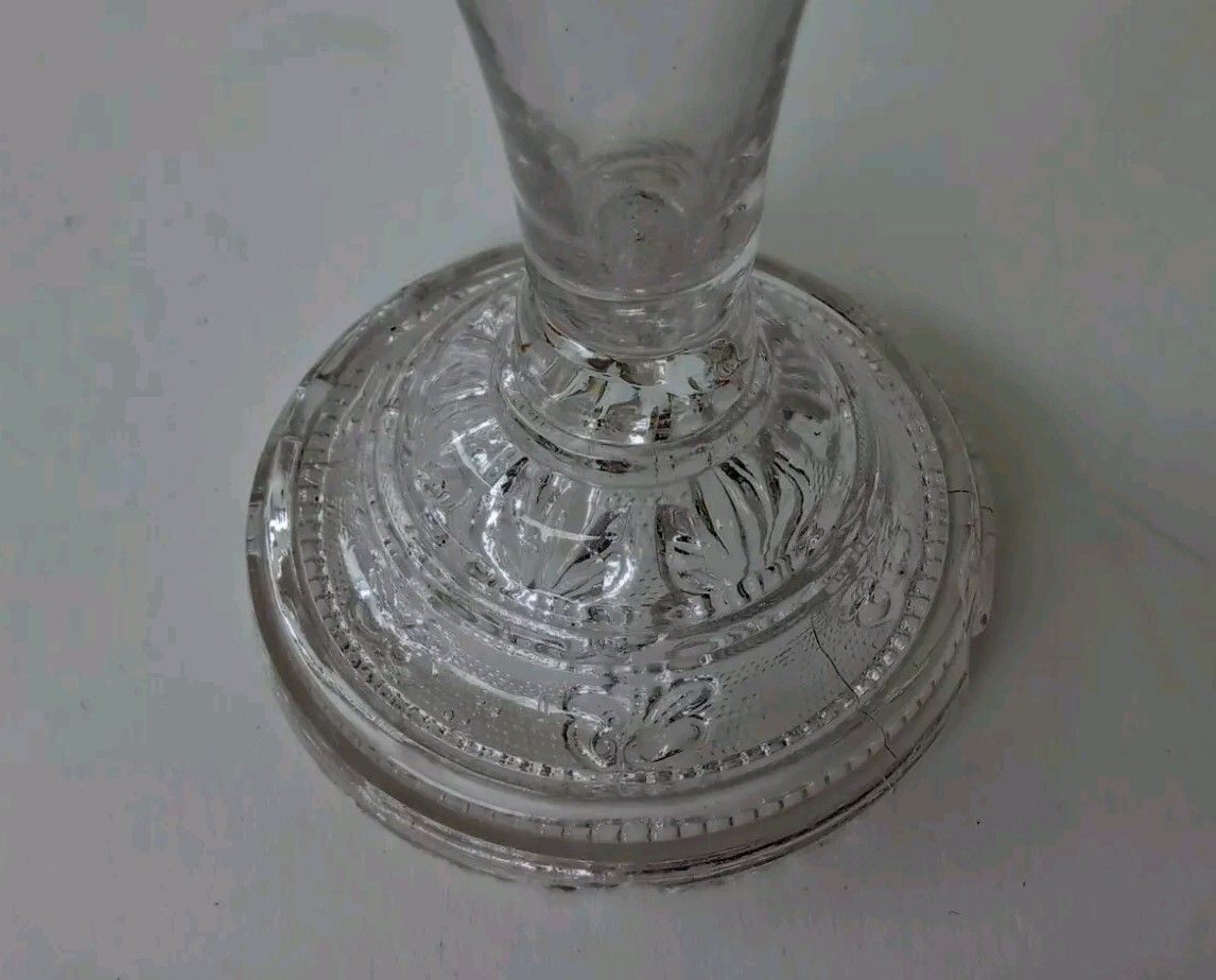 RARE ANTIQUE SANDWICH GLASS CUP PLATE BASE WHALE OIL LAMP LACY PERIOD