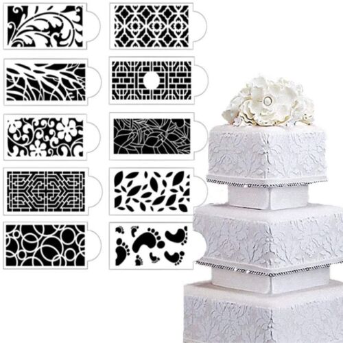 Set of 10 Plastic Reusable Cake Stencils Template Flower Spray Lace Decoration - Picture 1 of 8