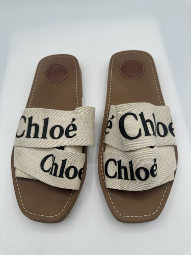 Chloe Woody Flat Slide Sandals Beige Logo Canvas Women Sz 38/ 7.5