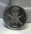 SKULL W/CROSSED RIFLES, 1 TROY OZ .999 SILVER ART ROUND, 2009!
