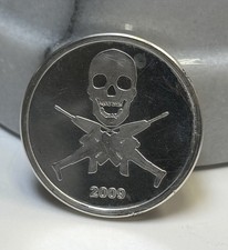 SKULL W/CROSSED RIFLES, 1 TROY OZ .999 SILVER ART ROUND, 2009! 99.95 per troy oz