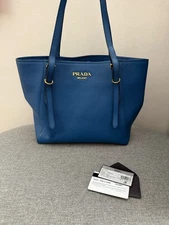 Authentic Prada Milano Hobo Bag Blue Leather 