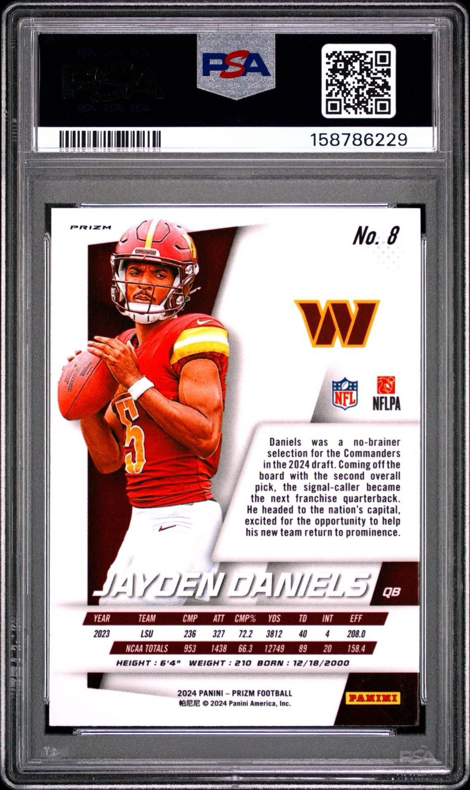 2024 Panini Prizm No Huddle JAYDEN DANIELS ROOKIE FLASHBACK DISCO PRIZM RC PSA 8 view 3