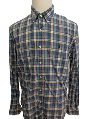Ralph Lauren Herren Hemd L CUSTOM FIT blau kariert sehr guter Zustand repariert 100% Baumwolle