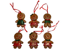Set of 6 Gingerbread Man Woman Christmas Tree Ornaments Resin Glitter Hanging