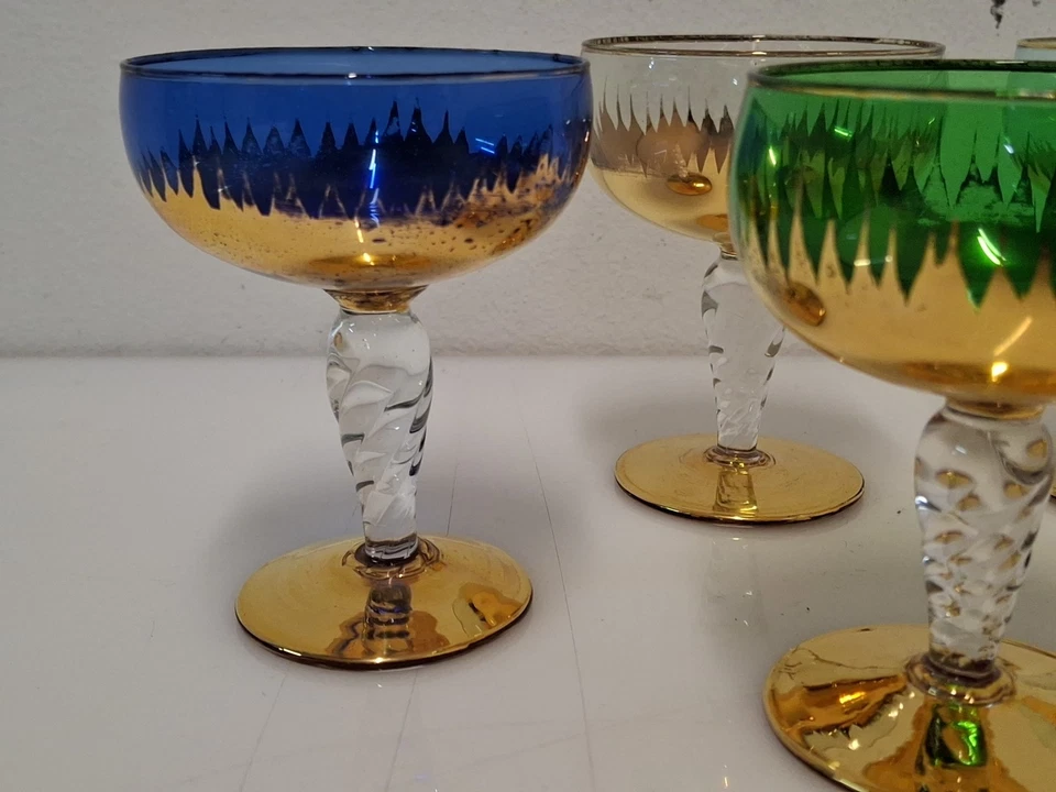 5 Coppe Bicchieri Vetro Cristallo Colorato Rifiniture Oro Vintage  - Immagine 4 di 4