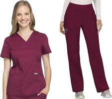 Two XS Cherokee scrub sets for women, magenta, straight leg pants, Stretchable