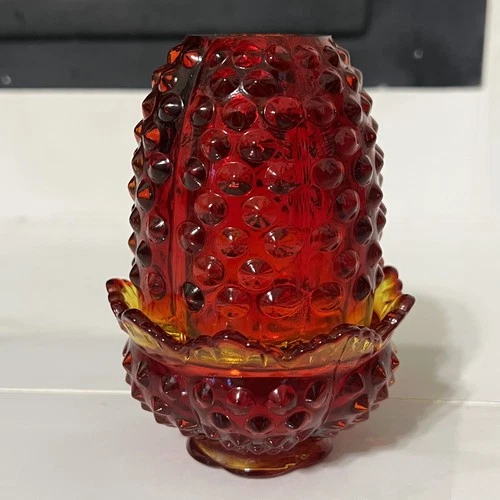 Vintage Fenton Amberina Orange Yellow Hobnail Fairy Lamp UV Reactive 4.5" MCM