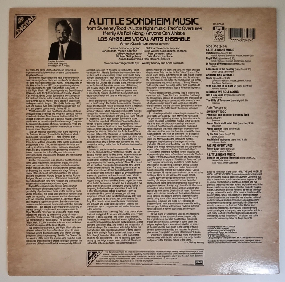 A Little Sondheim Music EMI Angel LP  Los Angeles Vocal Arts Ensemble PROMO Mint - Image 2 of 2