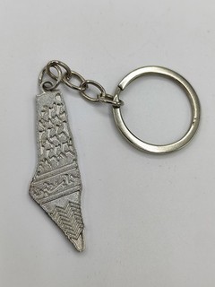 Palestinian Arabic Style Metal Keychain Map Geometric Engraved Silver Tone
