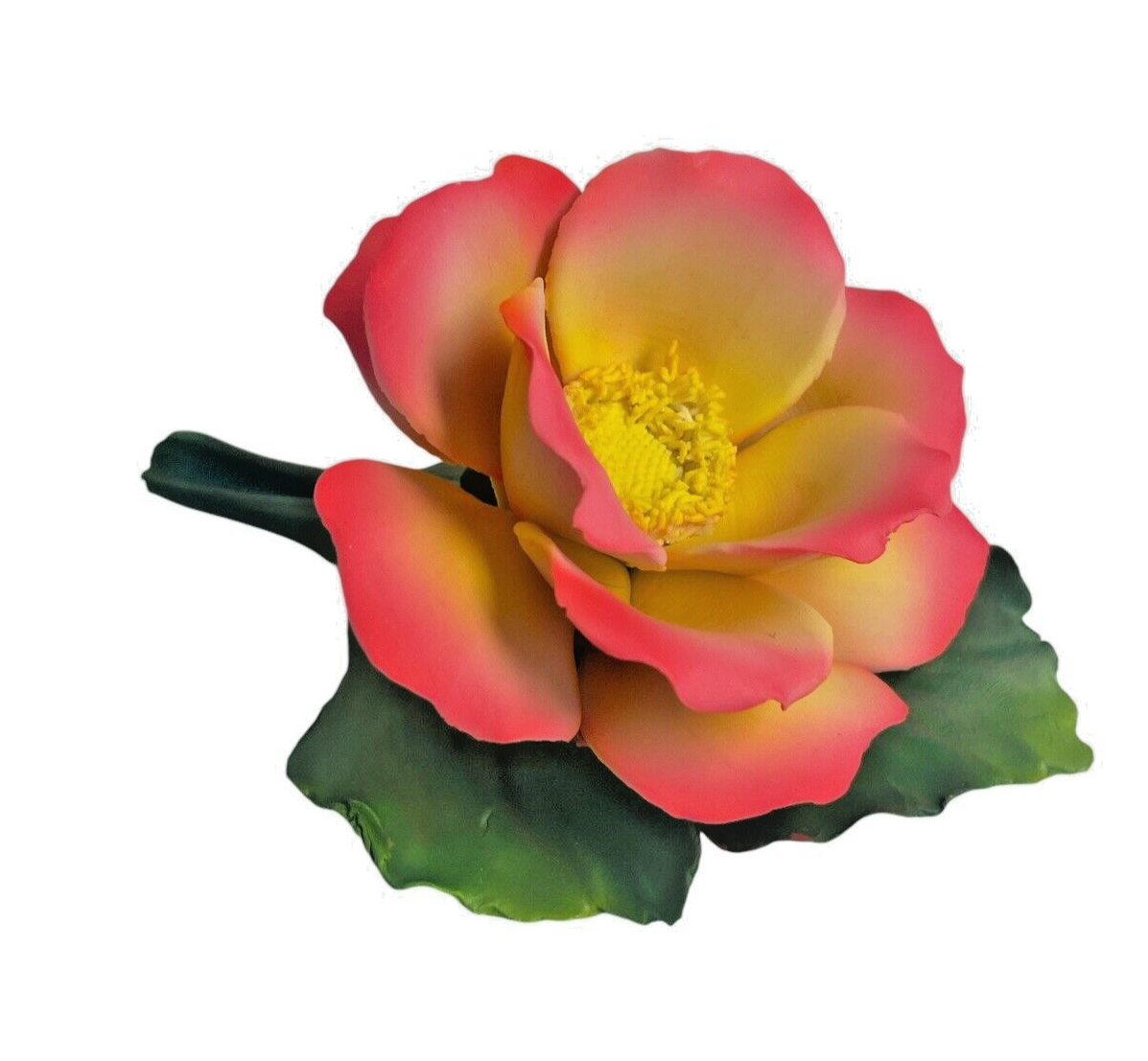 Vintage Fabar Capodimonte Camellia/Rose Figurine Pink & Yellow Marked/Sticker