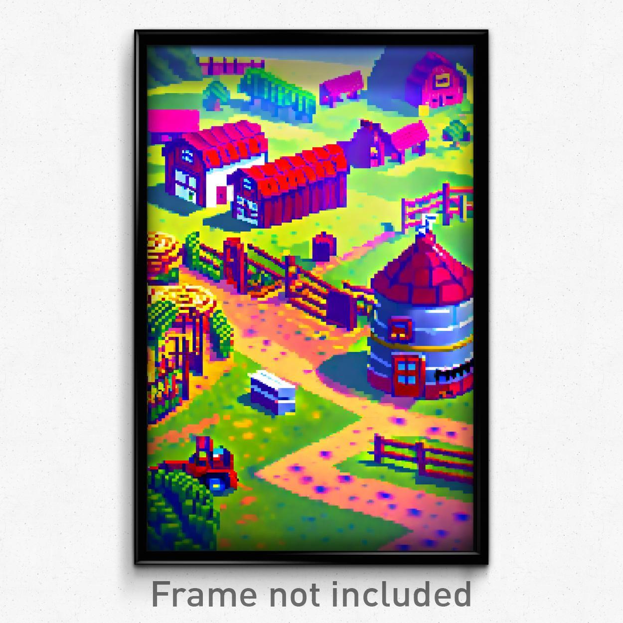 8-Bit Psychedelic Farm Pixel Art Poster - Trippy Video Game Print