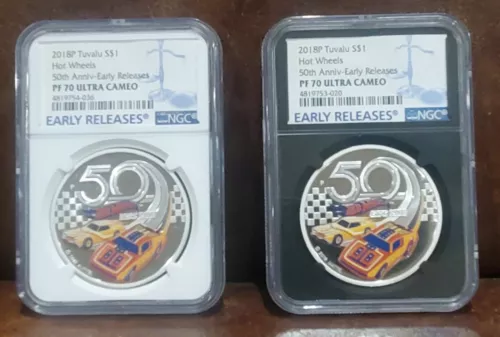 2018 NGC PF 70 TUVALU 2oz $1 (2 Coin Set) "HOT WHEELS" 50th Anniv-Early Release