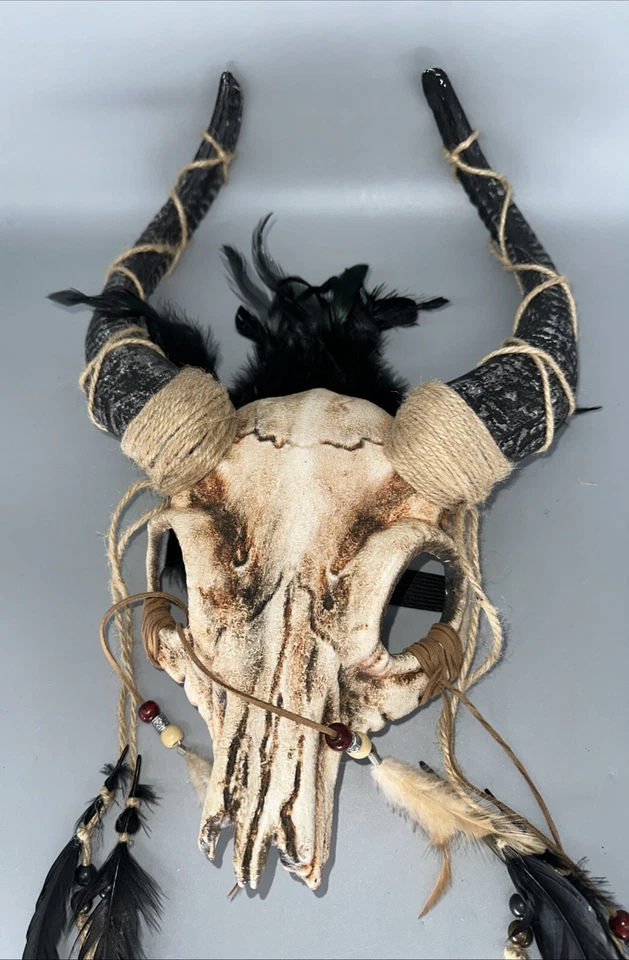Antelope Animal Skull Horn Mask w/ Feather For Men Women Halloween Costume Party - Image 3 of 4