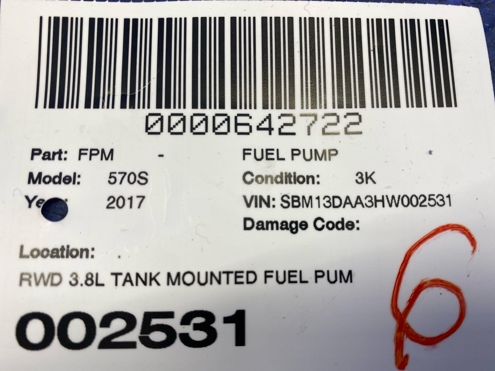 2016-2021 MCLAREN 570S RWD 3.8L TANK MOUNTED FUEL PUMP ASSEMBLY UNIT OEM